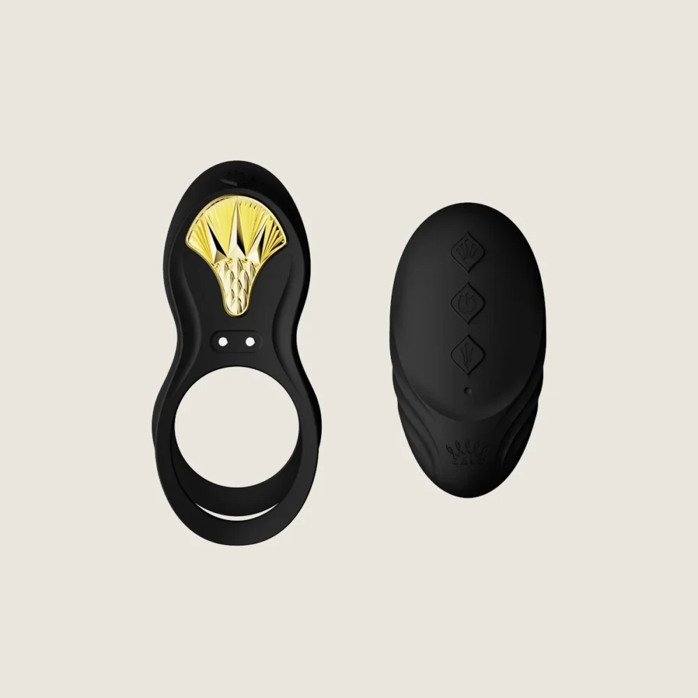 ZALO® Bayek Vibrating Couples Ring in Obsidian Black color. Vibrating Couples Ring that comfortably fits between two bodies to enhance penetration from the inside and out.