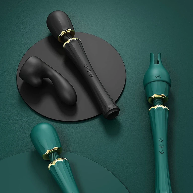 ZALO® Kyro Wand Massager in Obsidian Black & Turqouise Green color with two multi-functional silicone attachments uniquely designed for targetted pressure that soothes tension and eases stress.