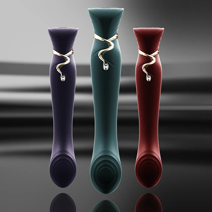 ZALO® Queen Set G-spot PulseWave Vibrator with Suction Sleeve and in and out thrust like a regular vibrator in Velvet Purple, Turqoise Green and Passion Red color.